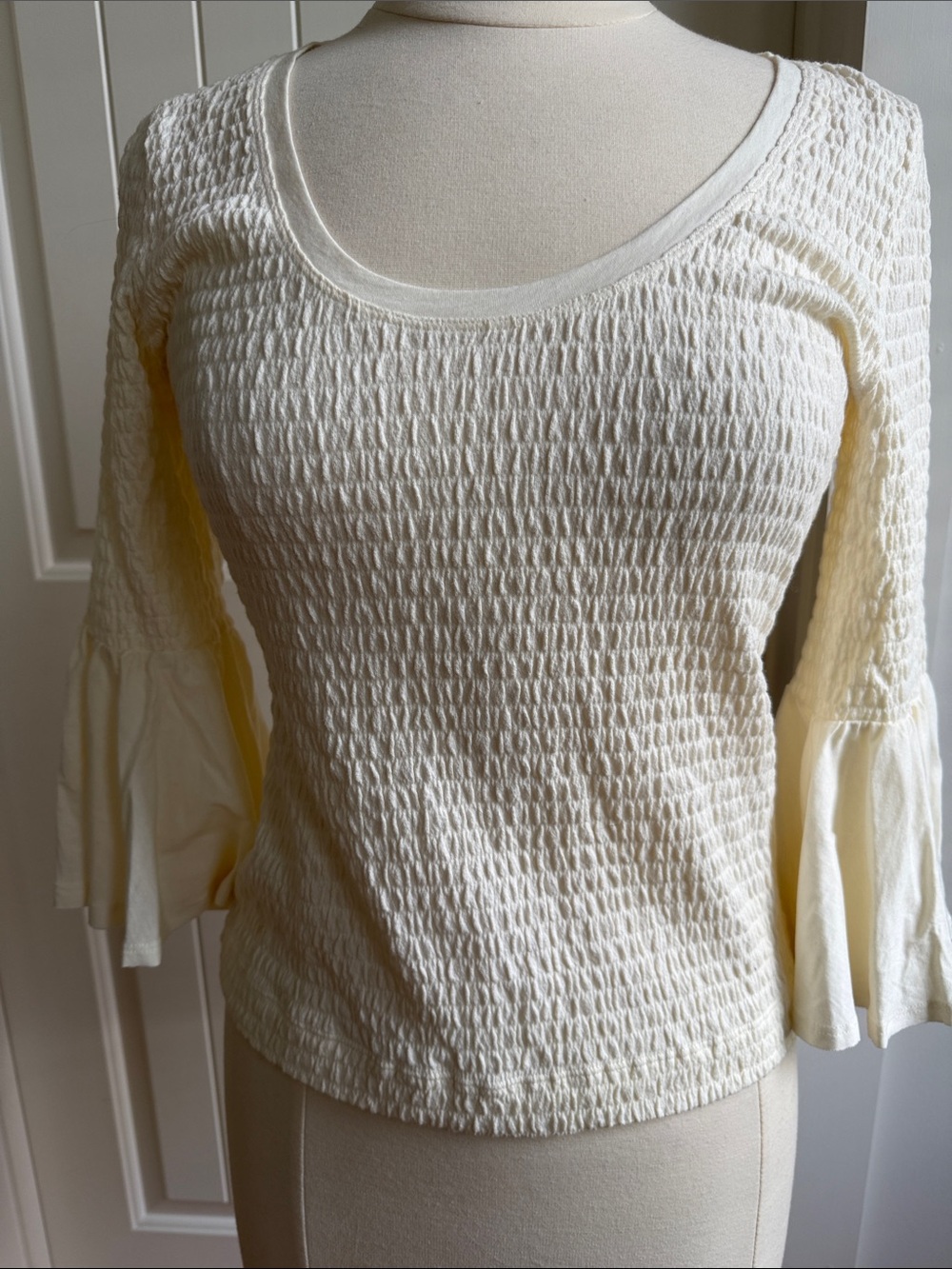 Anthropologie Cream Smocked Bell-Sleeve Top
